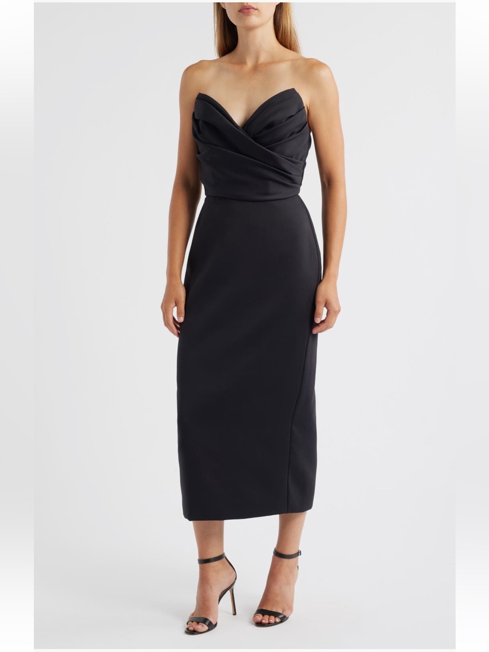 New Amsale black strapless crepe midi dress